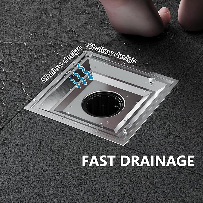 Neodrain Square Shower Drain,6 inch Stainless Steel 304 Grate and PVC Drain Body, Grate with Brushed Nickel Finish, Kit Includes Hair Trap/Strainer,Lifting Hook and PVC Drain Base