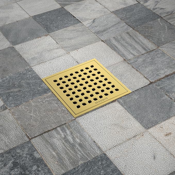 Square Shower Drain 4" Polished Gold 304 Stainless Steel Drain Grate Removable Drain Key with PVC Bonding Flange Base for Low Profile Shower Floor Tiles