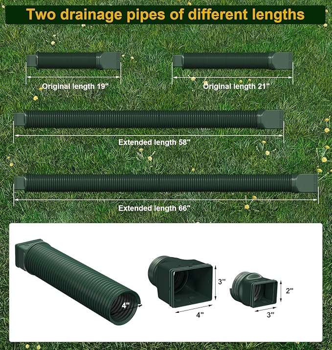 Rain Gutter Downspout Extensions, Downspout Extender for Rainwater Drainage Flexible, Extendable 58"+66" Down Spout Drain Extension Pipes (2 Pack, Green)