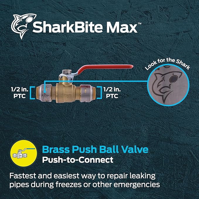 SharkBite Max 3/4 Inch Ball Valve with Drain Vent and Mounting Bracket, Push to Connect Brass Plumbing Fitting, PEX Pipe, Copper, CPVC, PE-RT, HDPE, UR24616A