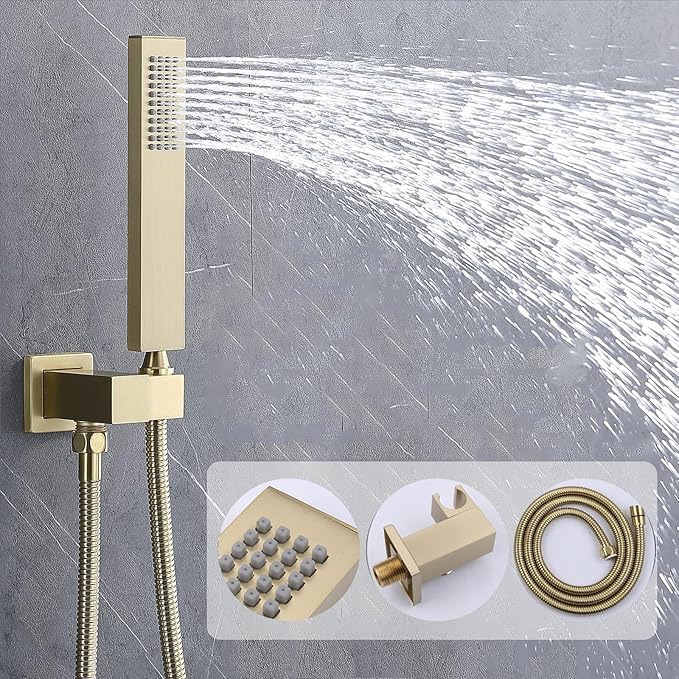 Shower Faucet Set Brushed Gold Shower System with 12 inch and 8 inch Wall Mounted Shower Head, Digital Temperature Display Push Button Shower Fixtures with Handheld Shower