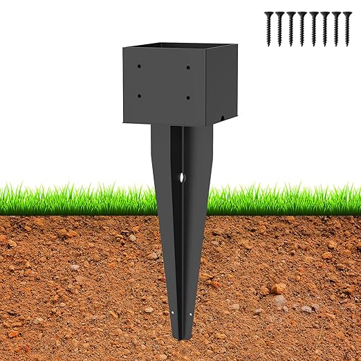 1 Pcs 6"x6" Fence Post Anchor,(Internal 5.6"x5.6"),Metal Fence Post Anchor Ground Spike 17" with Black Powder-Coated,Fence Stakes Post Base for Deck,Fence,Porch,Railing,Mailbox.