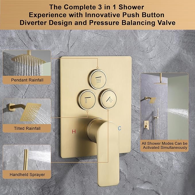 Brushed Gold Rainfall Shower System with Push-Button Diverter, Square UFO Rain Shower Trim Kit for Ceiling and Wall Mount, 2-Function Handheld Shower, Rough-in Valve, and Shower Faucet Set