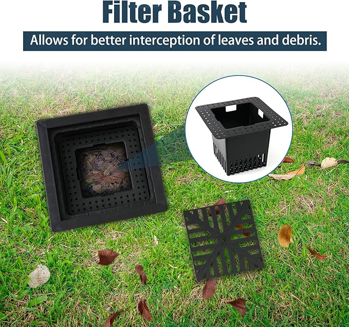 Upgrade 12-Inch Catch Basin Drainage Kit with Debris Basket Strainer, Fit for 4 Size(2",3",4-3/8",6-3/8") Pipes, for Garden, Yard, Lawns, Outdoor (1 Pack)