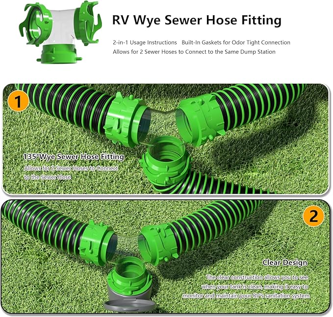 6-in-1 - RV Wye Sewer Hose Fitting and Built-in Gasket Odor - Allows for 2 Camper Sewer Hoses to Connect to the Same Dump Station (Wye -Elbow Adapter)