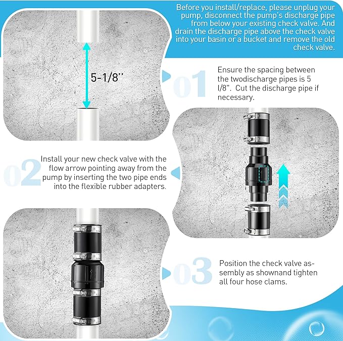 1 Pack Sump Pump Check Valve Fit 1-1/2 inch and 1-1/4 inch Pipe, Check Valve with 4 Pcs Stainless Steel Hose Clamps for Sump Pump Life Expectancy Increase
