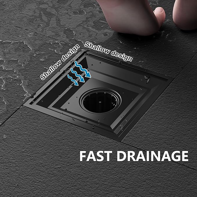 Neodrain Square Shower Drain,6 inch Black Stainless Steel 304 Grate and PVC Drain Body, Grate with Kit Includes Hair Trap/Strainer,Lifting Hook and PVC Drain Base