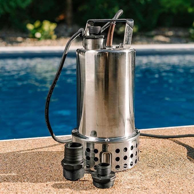Little Giant MDP-1 115-Volt, 4260 GPH, 3/4 HP Manual Submersible Stainless Steel Main Drain Swimming Pool Utility Pump for Removing Standing Water, 25-ft Power Cord, Steel, 577306