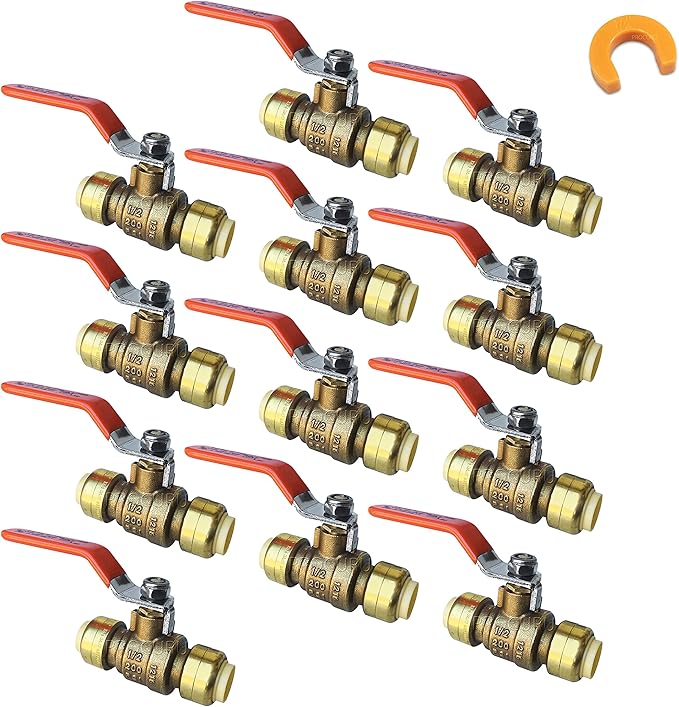 PROCURU 12-Pack 1/2-Inch PushFit Forged Brass Ball Valve, Push-to-Connect Full Port, Heavy Duty Valve for Copper, PEX, CPVC, Certified Safe (8X8312-12P)