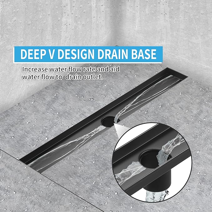 Linear Shower Drain 24 Inch, Professional Brushed SUS-304 Stainless Steel Shower Drain, 51L/Min Fast Drainage Floor Linear Drain, US Standard CUPC Certified, Matte Black, SD-109