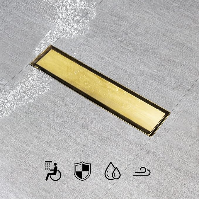 SaniteModar Linear Shower Drain, Gold Shower Drain 12 inch with 2 in 1 Tile Insert Panel, with Hair Strainer and Leveling Feet
