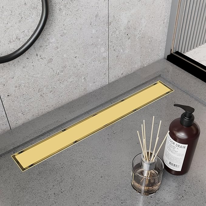 24 Inch Linear Shower Drain Gold Floor Drain with Removable SUS304 Stainless Steel CUPC Certificate and 2-in-1 Tile Insert Grate Cover