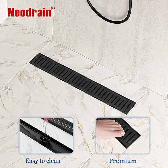 Neodrain 18" Matte Black Linear Shower Drain Shower Linear Drain, Removable Capsule Pattern Grate, Bathroom 304 Stainless Steel Rectangle Shower Floor Drains- CUPC Certified