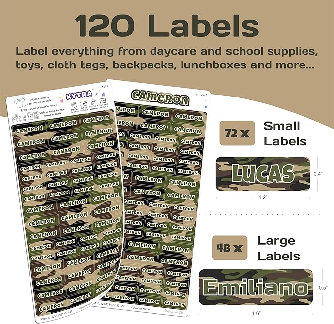 KYTRA Personalized Name Labels for Kids 120 Stickers for Daycare & School Supplies, Clothes, Toys, Lunchboxes and More - Waterproof, Laundry, Dishwasher & Microwave Safe, Made in USA (Woodland Camo)