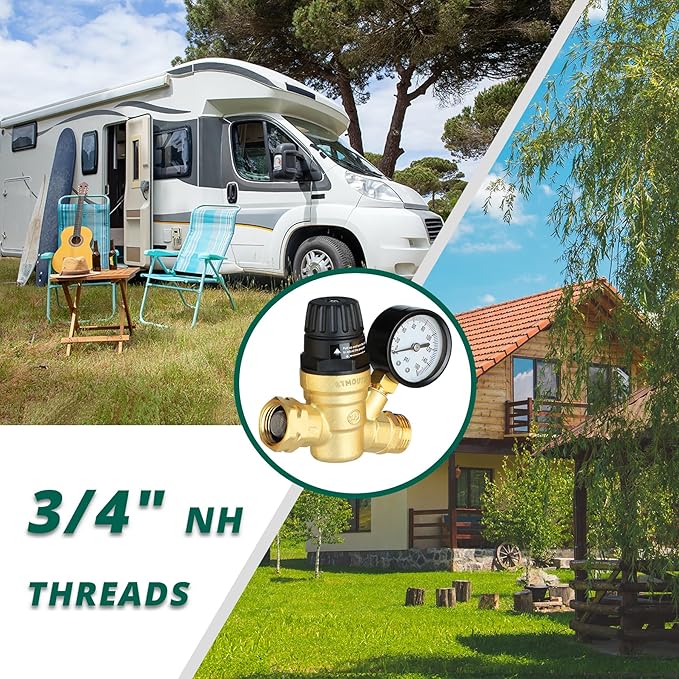 RV Water Pressure Regulator for RV Camper. Brass Lead-Free Adjustable Camper Water Pressure Regulator with 0-160 PSI Gauge ，Reducer Valve W Filter，Package includes 1 raw tape for water pipes.
