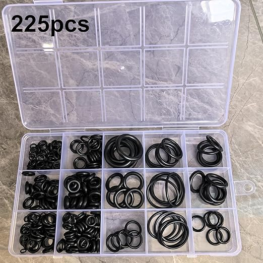 225-Piece Rubber O-Ring Kit – 18 Sizes of Durable Sealing Washers for Plumbing, Automotive, Hydraulic & Air Systems, Heat & Oil Resistant