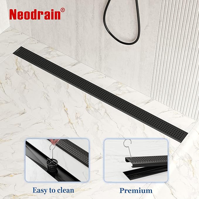 Neodrain 40" Black Linear Shower Drain with Removable Quadrato Pattern Cover, 304 Stainless Steel Rectangle Shower Floor Drains, Matte Black Linear Drain&Leveling Feet, Hair Strainer, CUPC Certified