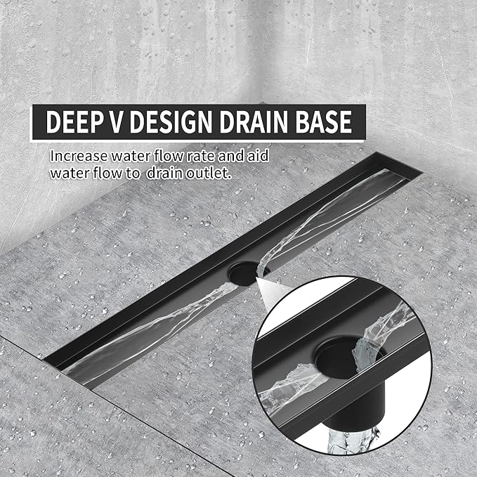 Linear Shower Drain 28 Inch Rectangular, SUS-304 Stainless Steel Black Shower Drain, 51L/Min Fast Drainage Floor Linear Drain, US Standard CUPC Certified, Matte Black, SD-112-28B