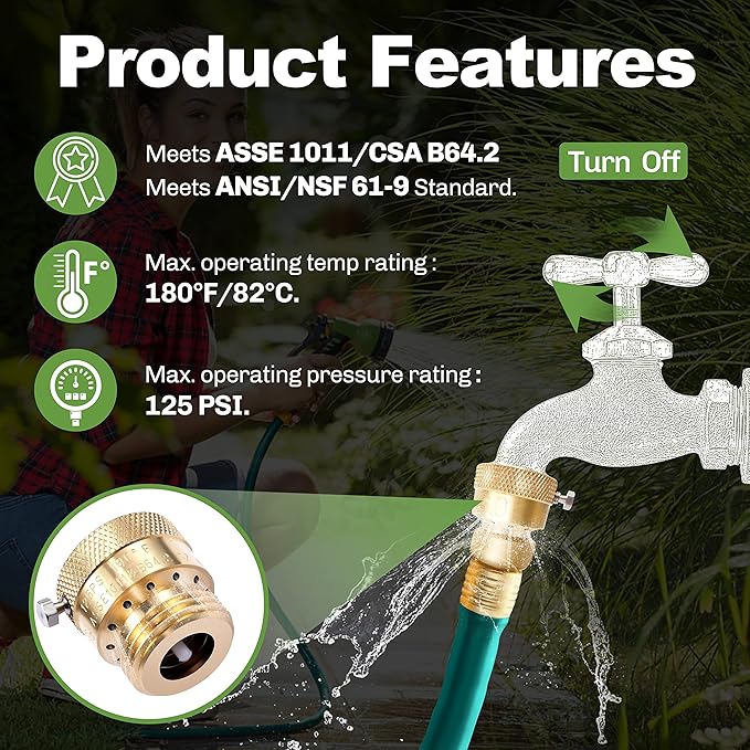 6 Pack Brass 3/4" Inch GHT Hose Bibb Connector Backflow Preventer Vacuum Breaker