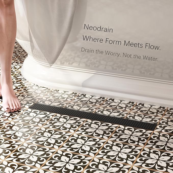 Neodrain 24-Inch Black Linear Shower Drain with Removable Quadrato Pattern Grate, 304 Stainless Steel Rectangle Shower Floor Drain, Linear Drain with Leveling Feet, Hair Strainer, Matte Black