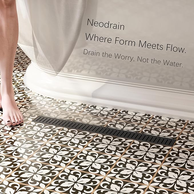 Neodrain 24" Matte Black Bathroom Linear Shower Drain with Removable Capsule Pattern Grate, 304 Stainless Steel Shower Floor Linear Drain- CUPC Certified with Hair Strainer
