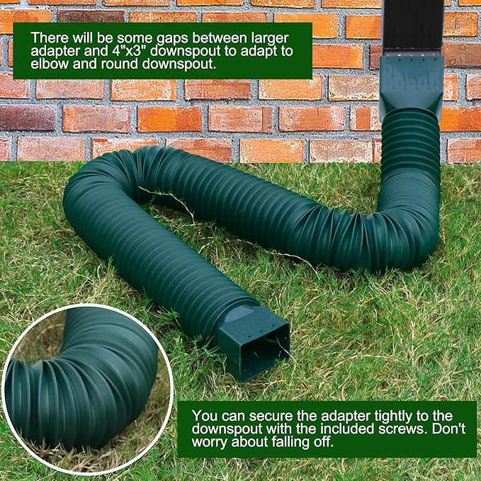 2 Pack Rain Gutter Downspout Extensions, Upgraded Flexible Drain Down Spout Extender for Rain Water Drainage, Each Extendable from 20" to 66", Combine to 10 ft with Connector(Green)
