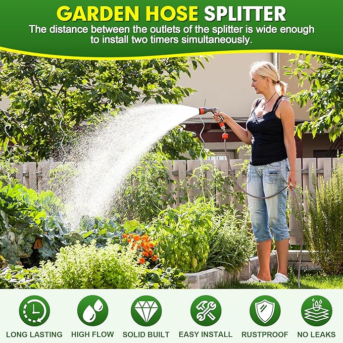 Hose Splitter 2 Way, High Flow Garden Hose Splitter, 3/4” Ght Inlet Brass Heavy Duty Hose Converter, water 2 Way Faucet hose splitter, Long Handle Hose Valve Large Outlet.