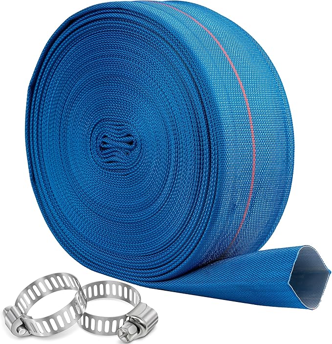 Pool Backwash Hose 2” × 65 ft Heavy Duty PVC Water Discharge Pipe Flexible Reinforced Pump Drain Hose, 2 in Diameter & 3.3 inch Width Lay Flat, with 2 Clamps (2in-65ft)