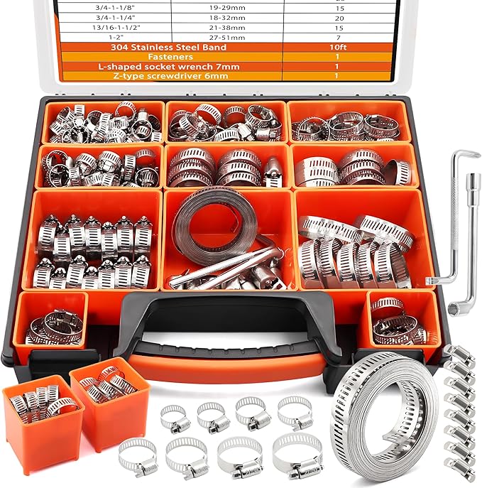 185PCS 304 Stainless Steel Worm Gear Hose Clamps,1/4"-2"(6-51mm) Hose Clamp Assortment with 1-Set 9.84FT Metal Strap+8 Fasteners for Secure Plumbing, Automotive, Fuel Line,Industrial Applications