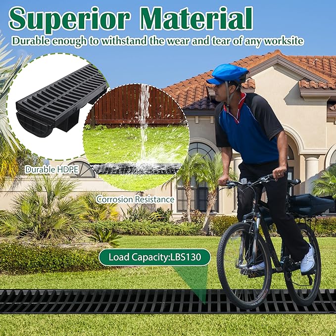 Trench Drain System with Plastic Grate, 6 Packs HDPE Channel Drainage, 39.4" x 3.9" x 1.8" Garden Drain, Total Length 236.4 Inch for Driveway Yard Pool Sidewalk Patio (6, 3.9 x 1.8 Inch)