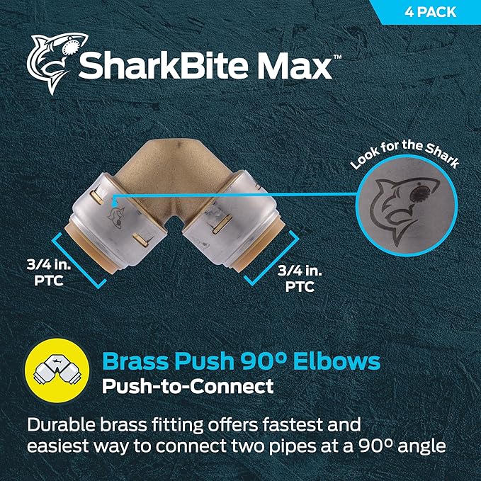 SharkBite Max 3/4 Inch 90 Degree Elbow, Pack of 4, Push to Connect Brass Plumbing Fitting, PEX Pipe, Copper, CPVC, PE-RT, HDPE, U256LFA