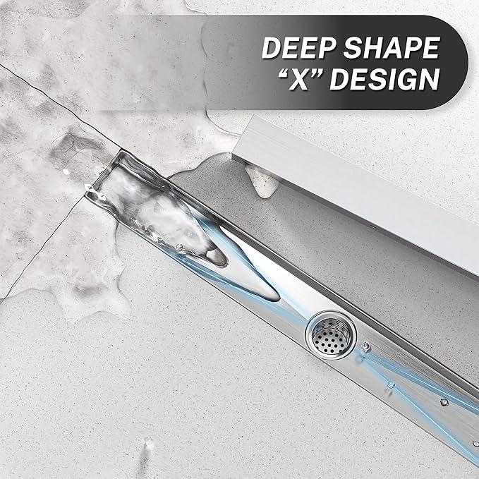 Linear Shower Drain. 18 Inch Shower Trench Drain with 2-in-1 Flat Cover & Inser Cover,304 Stainless Rectangle Steel Shower Floor Drain with Hair Strainer and Leveling Feet (Brushed Nickel, 18 in)