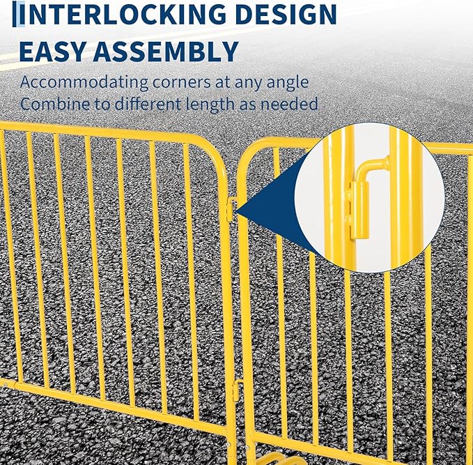 Interlocking Steel Barricade, 5.5 Ft. Heavy Duty Galvanized Metal Barricade, Interlocking Steel Road Barriers with with Bridge Feet Base, for Crowd Control Event Fencing Indoor/Outdoor, Yellow