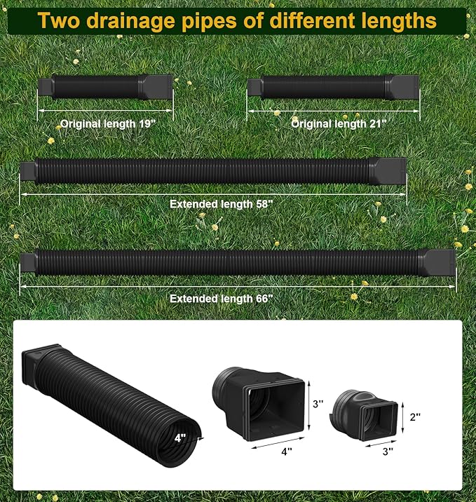Rain Gutter Downspout Extensions, Downspout Extender for Rainwater Drainage Flexible, Extendable 58"+66" Down Spout Drain Extension Pipes (2 Pack, Black)