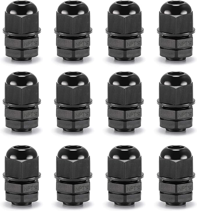QILIPSU 12pcs 1/4" NPT Cable Gland Waterproof IP68 Nylon Cable Pass Through Cord Grip Connector Strain Relief Wire Grommet