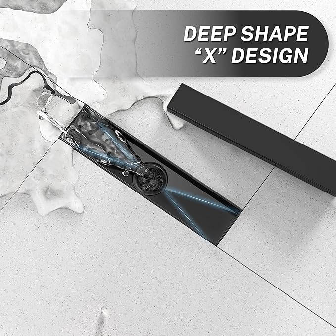Linear Shower Drain, Linear Drains. Shower Trench Drain with 2-in-1 Flat Cover & Inser Cover,304 Stainless Rectangle Steel Shower Floor Drain with Hair Strainer and Leveling Feet (Black, 12 in)