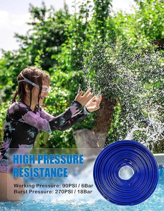ZYfire Pool Backwash Hose with 2 Clamps - 2" x 100 FT PVC Lay Flat Discharge Hose Heavy Duty Reinforced Pool Hose Weather and Burst Resistant for Pool Drain, Sump Pump, Pool Filter