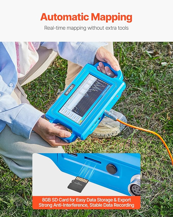 VEVOR Underground Water Detector, Up to 1640ft (500m) Pro Underground Water Detection Locator, 7" Touchscreen Auto Mapping Well Detector Explorer with Multi-Frequency Measurement, 8GB Card, Carry Case
