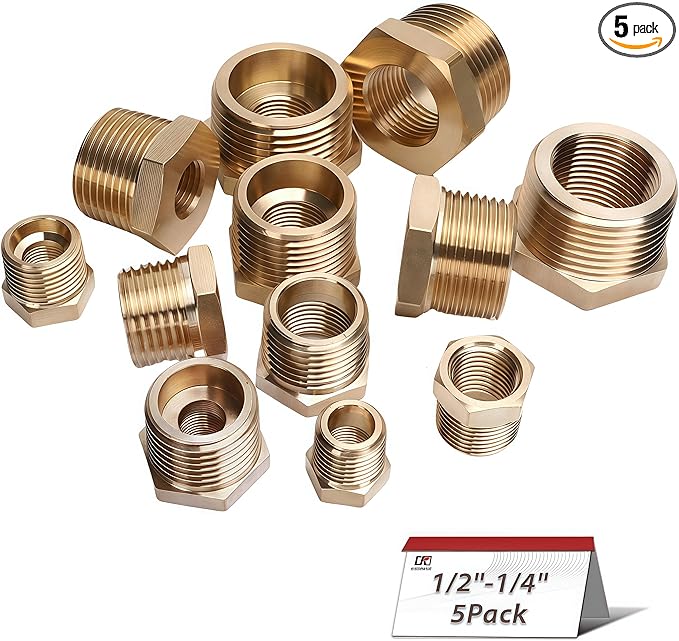 1/2" NPT Male Thread x 1/4" NPT Female Thread Brass Reducing Bushing (Pipe Fitting), 1200 PSI (Pack of 5)
