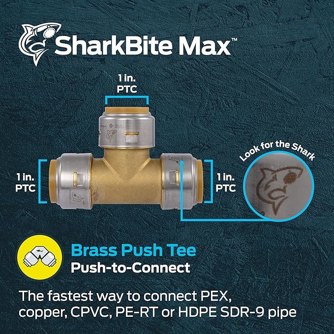 SharkBite Max 1 Inch Tee, Push to Connect Brass Plumbing Fitting, PEX Pipe, Copper, CPVC, PE-RT, HDPE, UR374A