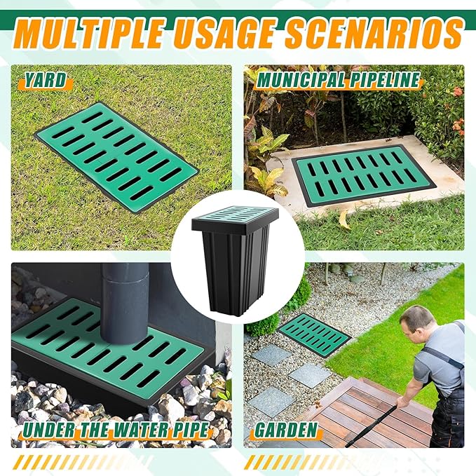 Catch Basin with Grate 14 x 22 x 24 Inch Square Large Catch Basin for Drainage with Debris Basket French Drain Without Reserved Hole for Yard, Downspout, Lawn, Municipal Pipeline, Green, Black