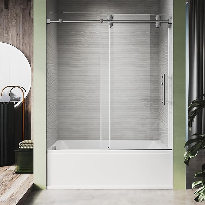 56-60 Inch x 66 Inch Sliding Frameless Bathtub Door, 3/8" Tempered Glass with Easy-Cleaning Coating, Stainless Steel Rollers & SGCC-Certified Stability, Space Gray