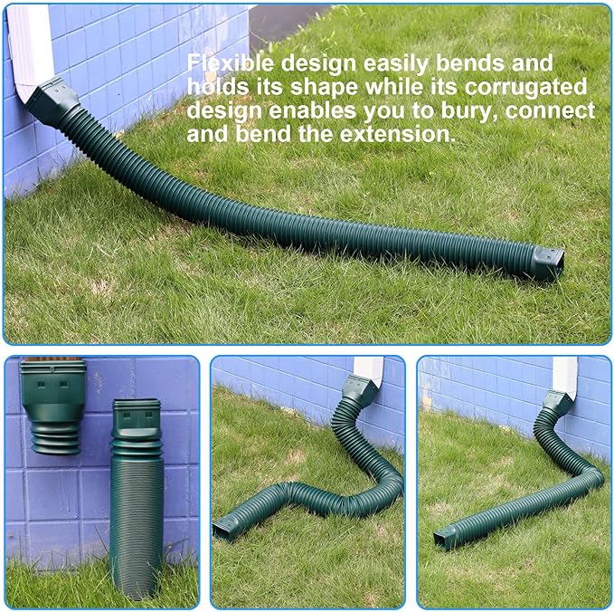2 Pack Rain Gutter Downspout Extensions, Flexible Downspout Extender with 58"+68" Extendable Pipes for Rain Water Drainage, Durable Down Spout Drain Extension with Connector (Green)