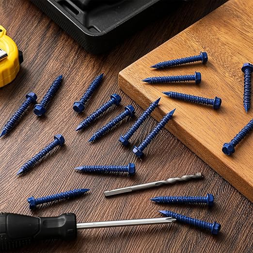 300 Qty 1/4" x 1-3/4" Hex Head Concrete Screws Anchor with Drill Bits Blue Slotted Hex Screws for Anchor Masonry, Block, Brick, Cement, Stucco, Diamond Point and Wood Fastening