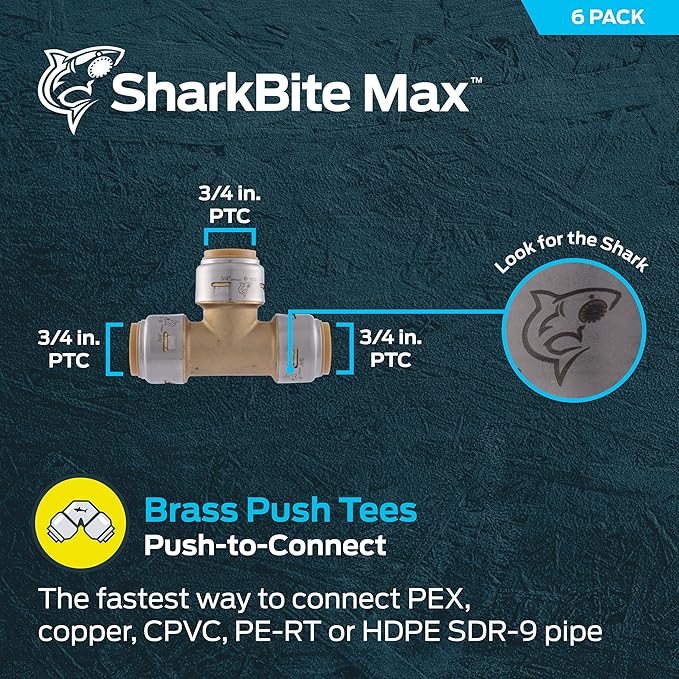 SharkBite Max 3/4 Inch Tee, Pack of 6, Push to Connect Brass Plumbing Fitting, UR370