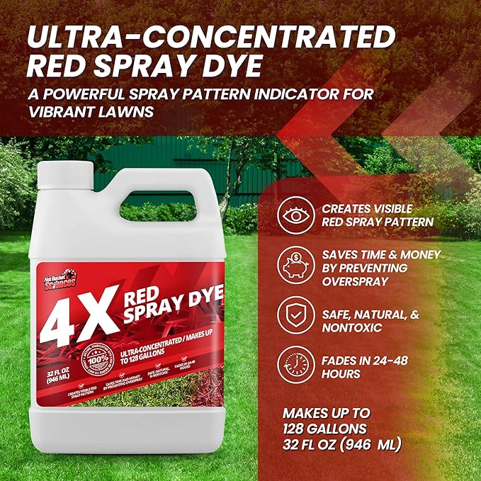 32oz 4X Red Spray Dye - Makes 128 Gallons of Concentrated Spray Pattern Indicator Dye, Ideal Fertilizer Marking, Lawn Turf Mark and Marker, Mark Where You've Sprayed with Red Color Indicator