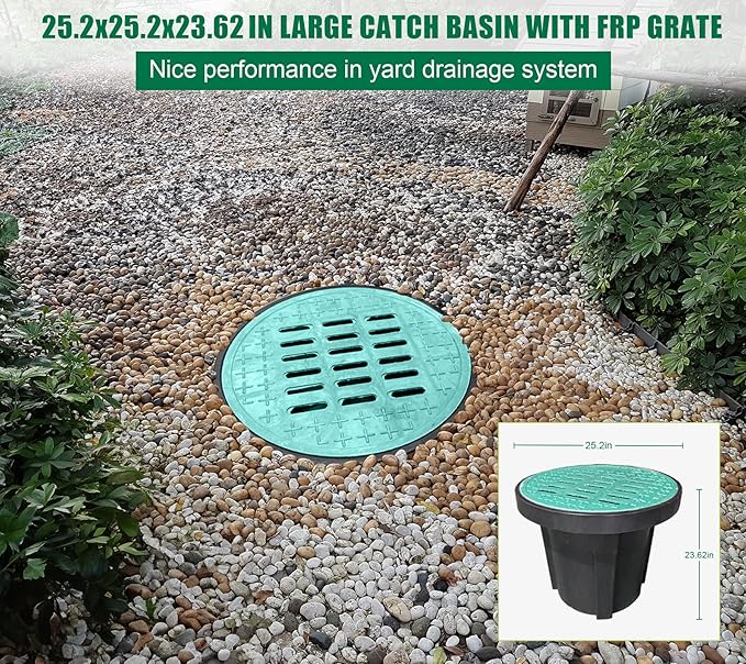 Catch Basin for Drainage with Fiber Glass Grate-25x25x24 in. Round Drainage Basin with Debris Basket,A15 French Drain Basin Without Reserved Hole for Yard,Downspout,Lawn,Municipal Pipeline