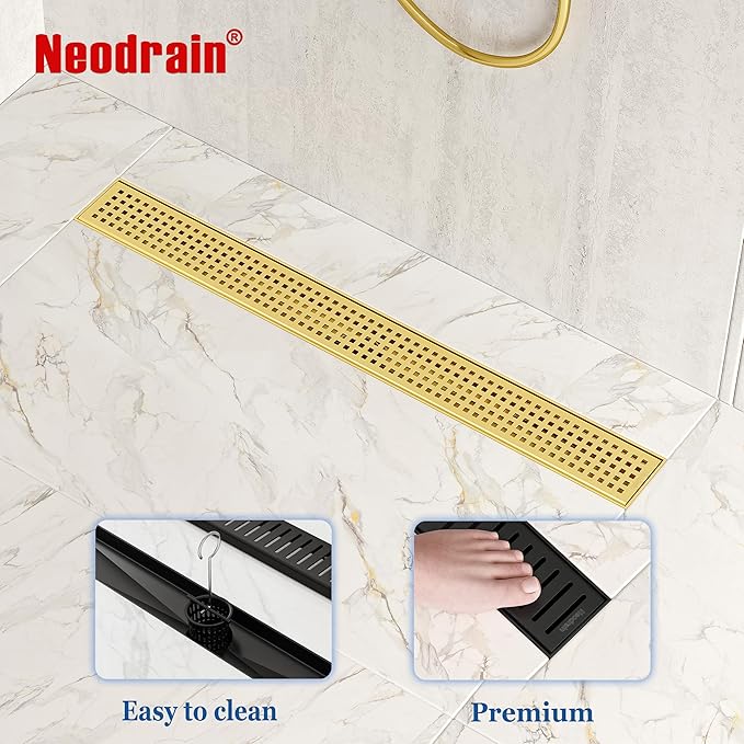 Neodrain 24-Inch Brushed Brass Linear Shower Drain with Removable Quadrato Pattern Grate, 304 Stainless Steel Gold Rectangle Shower Floor Drain, Bathroom Linear Drain & Hair Strainer, CUPC Certified