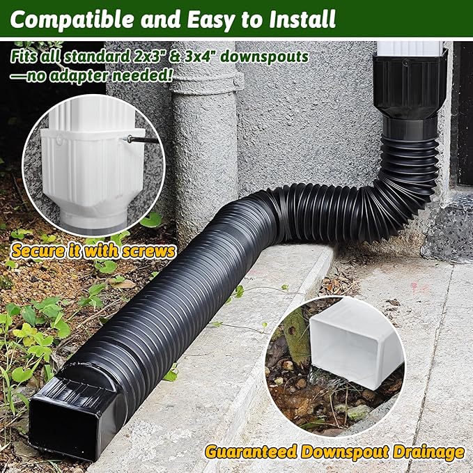 2 Pack Gutter Downspout Extensions 138" with Filter, Corrugated Flexible Gutter Pipe, Rain Diverter, Down Spout Drain Extension, Extendable from 31.5" to 138", Screws for Included, Black