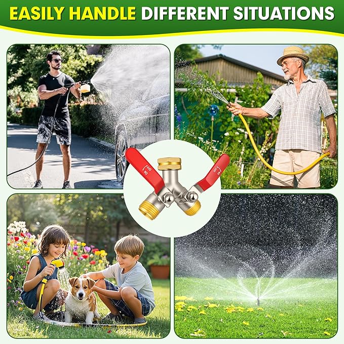 Hose Splitter 2 Way, High Flow Garden Hose Splitter, 3/4” Ght Inlet Brass Heavy Duty Hose Converter, water 2 Way Faucet hose splitter, Long Handle Hose Valve Large Outlet.